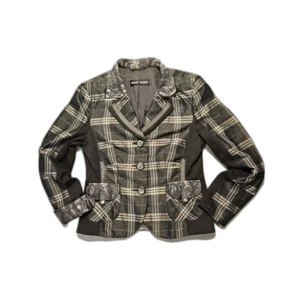 Gerry Weber Plaid Tailored Blazer Jacket Womens 6 US 36 Mixed Media Lace Trim